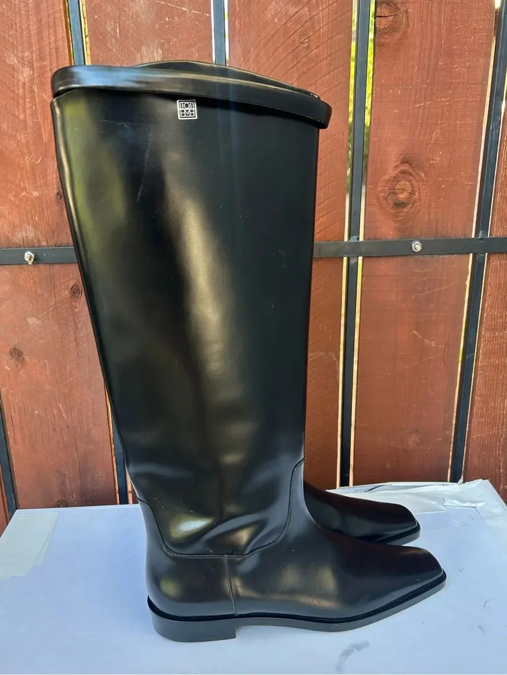 NEW Toteme Leather Riding Boot Square Toe Pull On Shiny Black 41EU